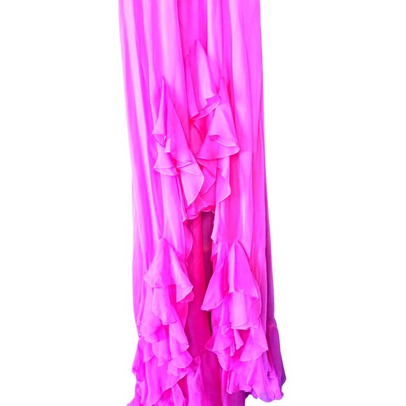 Mac Duggal RARE Hot Pink High-Low Gown Halter Neck Tiered Slit Skirt Size 2 - Picture 6 of 16